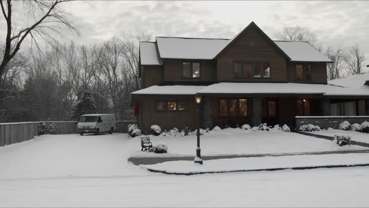 A two storey house at winter dusk with warm light in the windows, snow on the roof and the lawn, and a plain white van parked at the curb